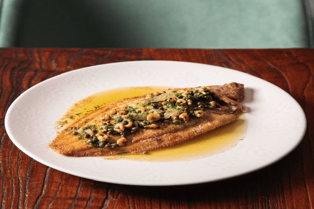Whole Dorset lemon sole, brown butter & Morecambe Bay shrimps